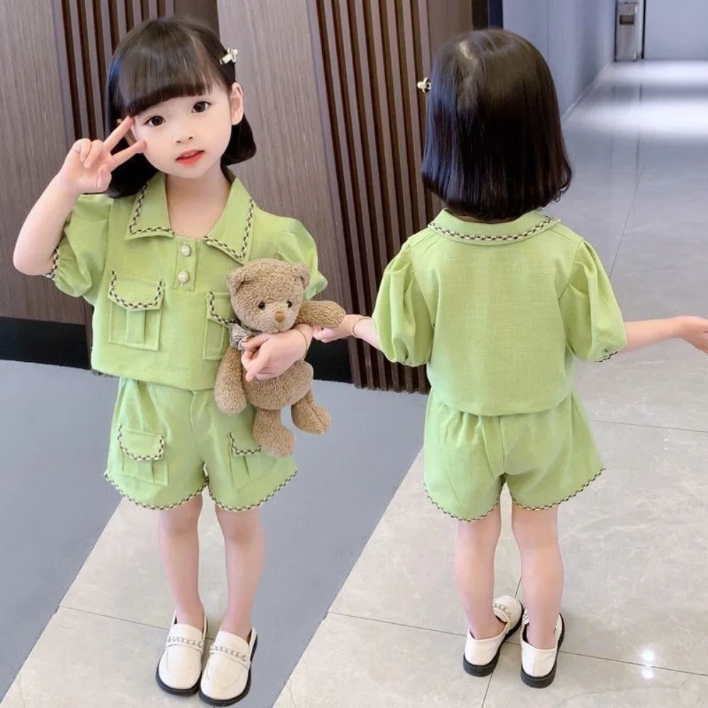 

Girly Heart Ins Fashion Short Sleeve Shirt Pants Summer 2025 Children Foreign Baby Fashion Two-piece Set Clothes Gifts