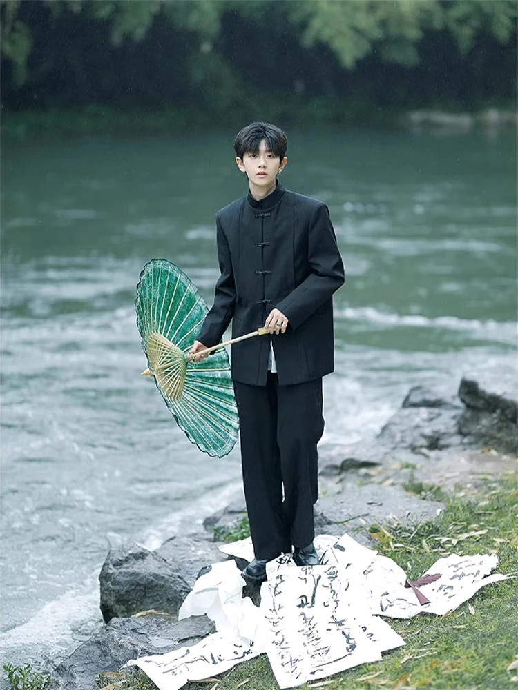 

New Chinese Sle Men's Bla Suit Jaet Youthful Retro Republican Era Faion Trendy Long Sve Stand Fit Inner Wear