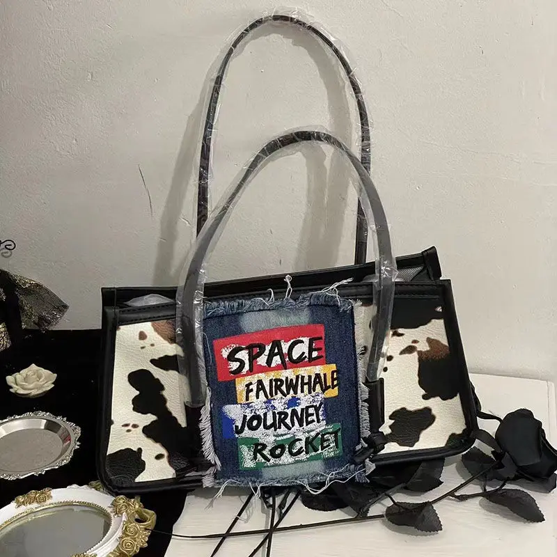 

Women Black Grunge Handbag Design Korean Y2k Shoulder Bag Girls Fashion Underarm Bags Denim Patchwork Handbags New Letter Purses