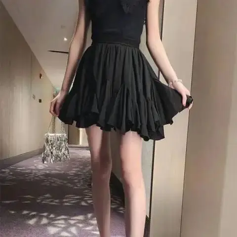 Women High Waist Mini Skirt Elastic Waist with Drawstring Loose Pleated Ruffle Flared Hem Lightweight Flow Casual Short Skirt