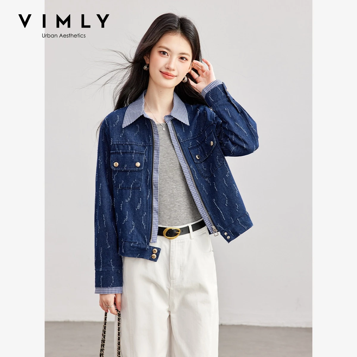 VIMLY Women's Denim Short Jacket 2026 Autumn Fashion Minimalist Fake Two‑Piece Plaid Jacquard Coat Vintage Female Jackets 31660