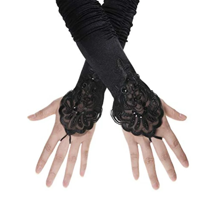 1920s Black Long Opera Gloves with Finger Loops Stretchy Fingerless Floral Embroidery Sequins Satin Evening Bridal Party Elbow