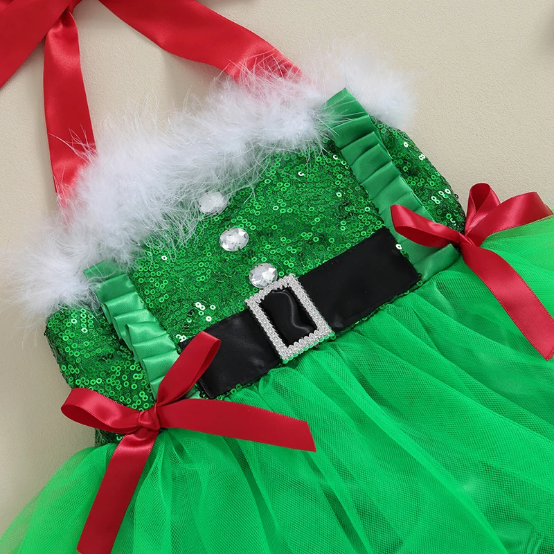 Baby Girls Christmas Romper Dress Bow Halter Neck Tulle Bodysuit Newborn Sleeveless Sequin Jumpsuit Party Dress