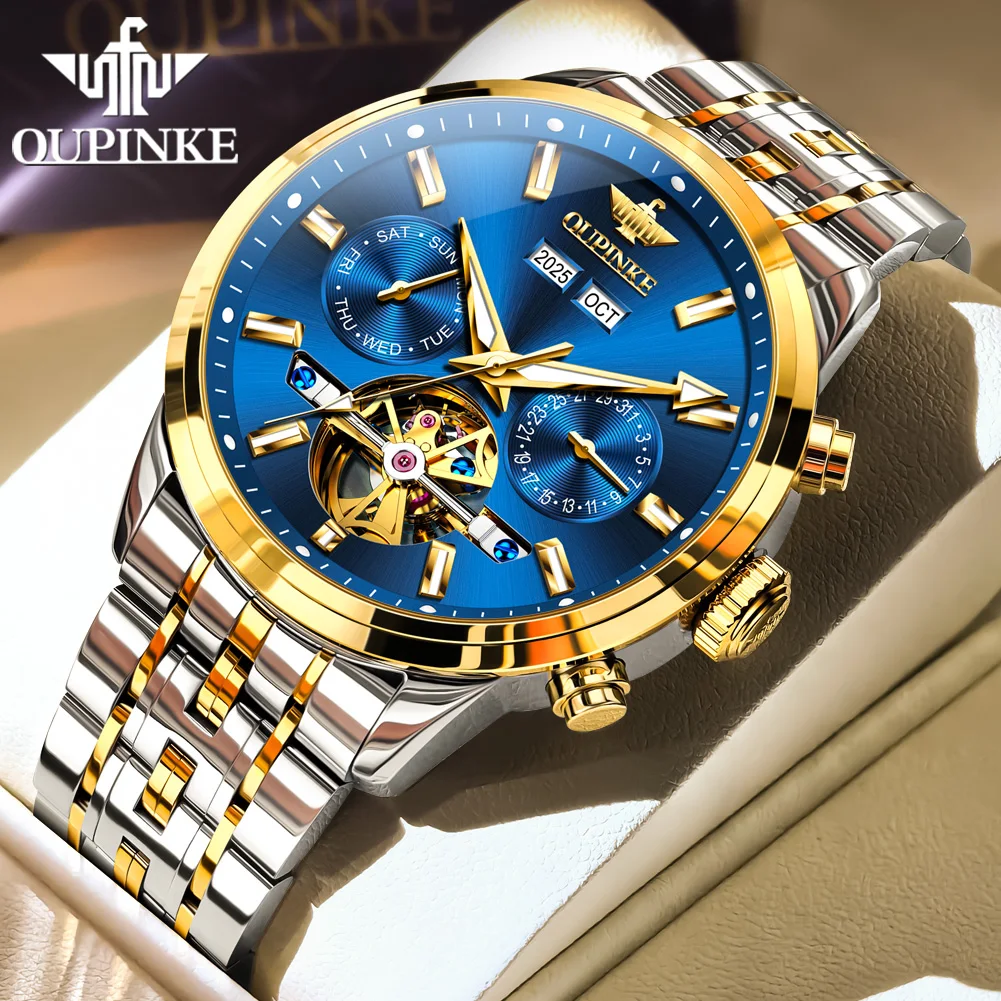 

OUPINKE Men's Watches Luxury Business Top Brand Original Automatic Mechanical Wristwatch Complete Calendar Flywheel Movement New