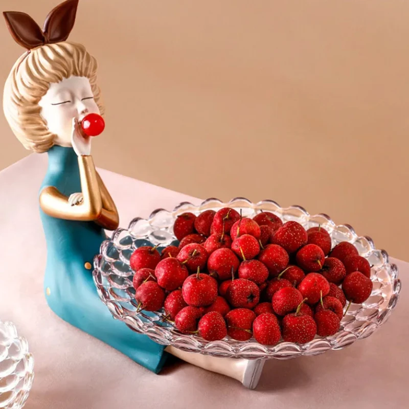 Crystal Glass Fruit Plate Storage Ornaments Decoration Snacks Plate Girl with Rabbit Ears Statue Crafts Metal Tray