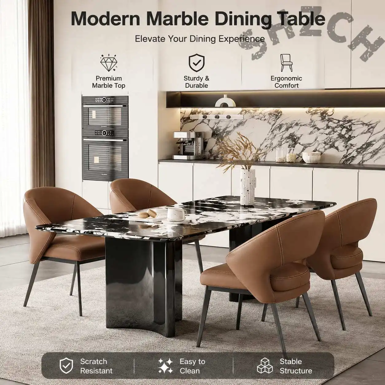 Modern Leather Dining Chair with Streamlined Closed Back and Contrast Stitching