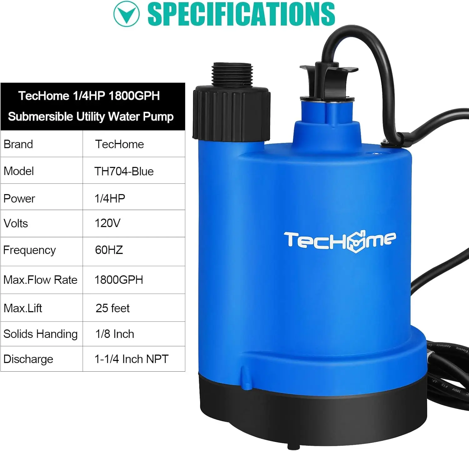 Submersible Water Pump, 1/4HP 1800GPH Thermoplastic Utility Pump Portable Electric Water Pump Sump Pump,With 10 Feet Power Cord.