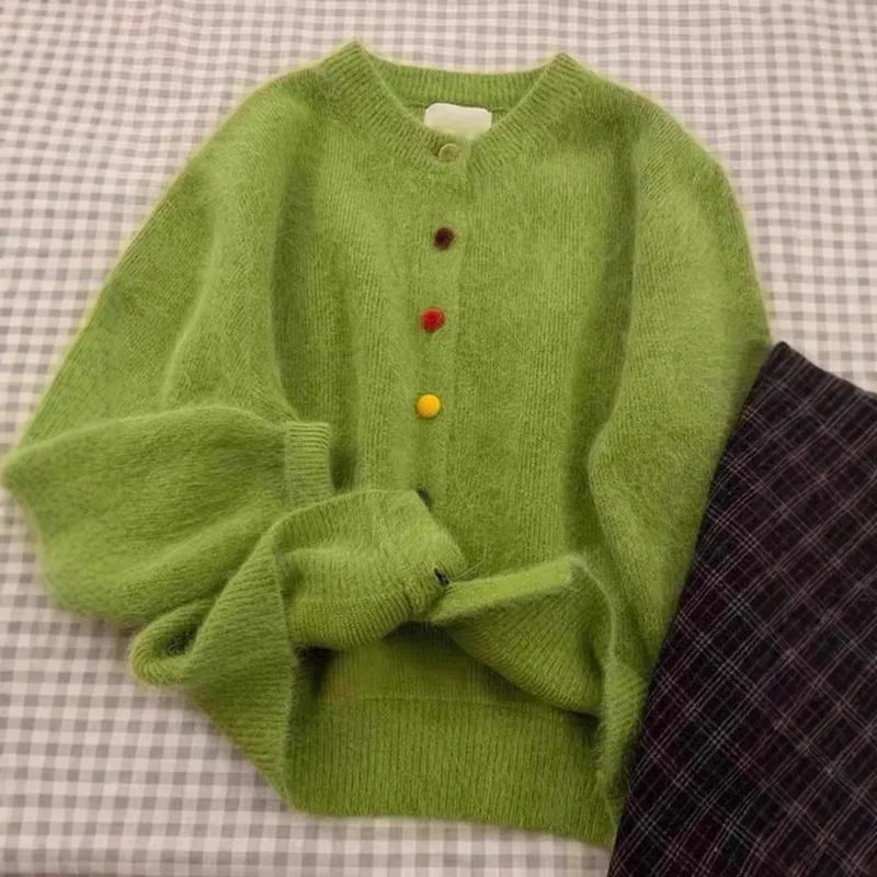 Retro Green Top Colorful Buttoned Sweater Jacket for Women Spring Autumn Loose White Knitted Cardigan