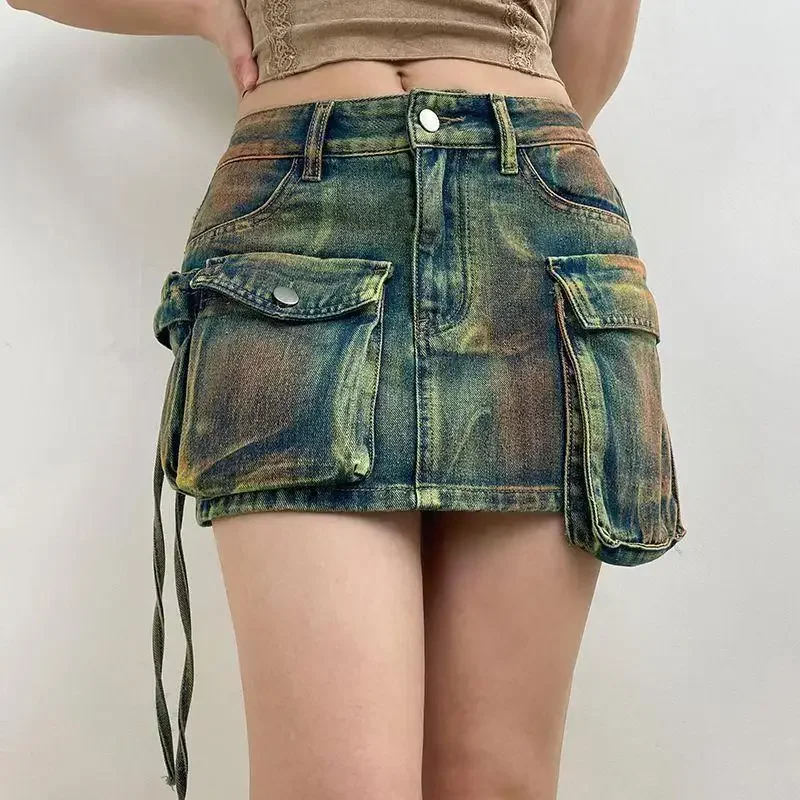 women Summer Make-old Stereoscopic Multi-pocket High-waisted Half Body Denim Miniskirt Asymmetrical Half A-line Denim Skirt