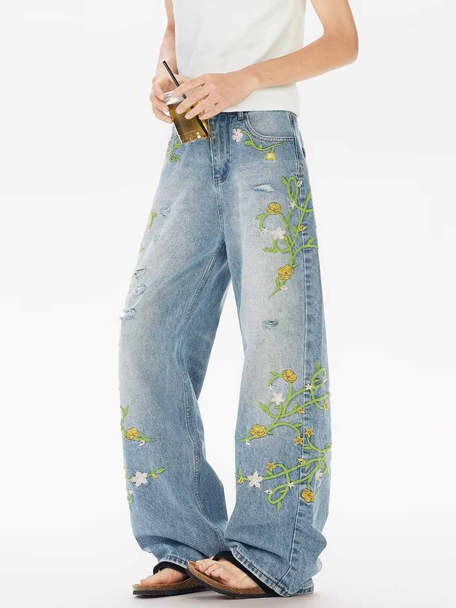 

Women Blue Y2k Embroidery Jeans Baggy Denim Trousers Harajuku 90s Vintage Oversize Jeans Long Pants Japanese 2000s Style Clothes