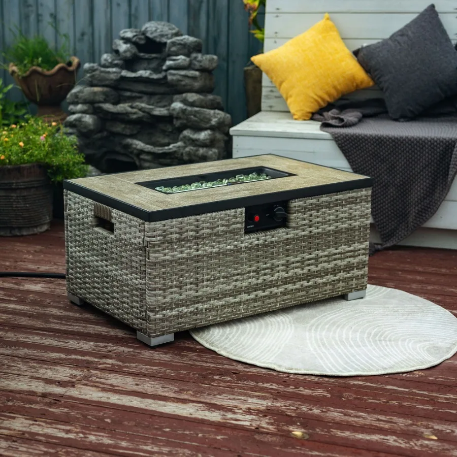 

Beige rattan fire pit table for outdoor use, featuring durable rattan weave, beige color, integrated propane tank holder, and h