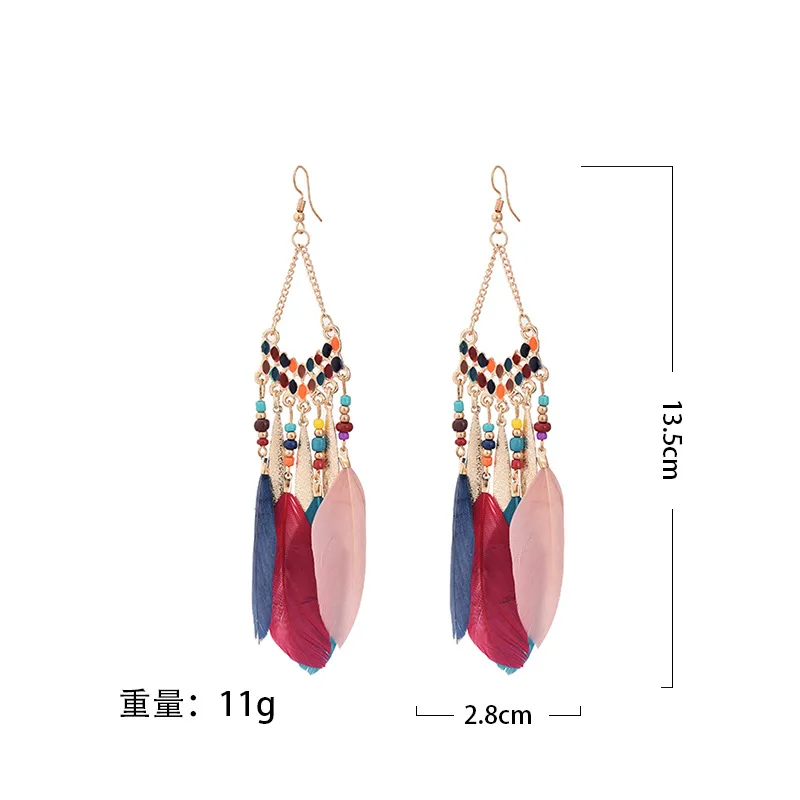 Boucles d'oreilles pendantes bohèmes ethniques pour femmes, pendentifs en plumes, perles colorées, pompons longs, bijoux bohèmes pour filles