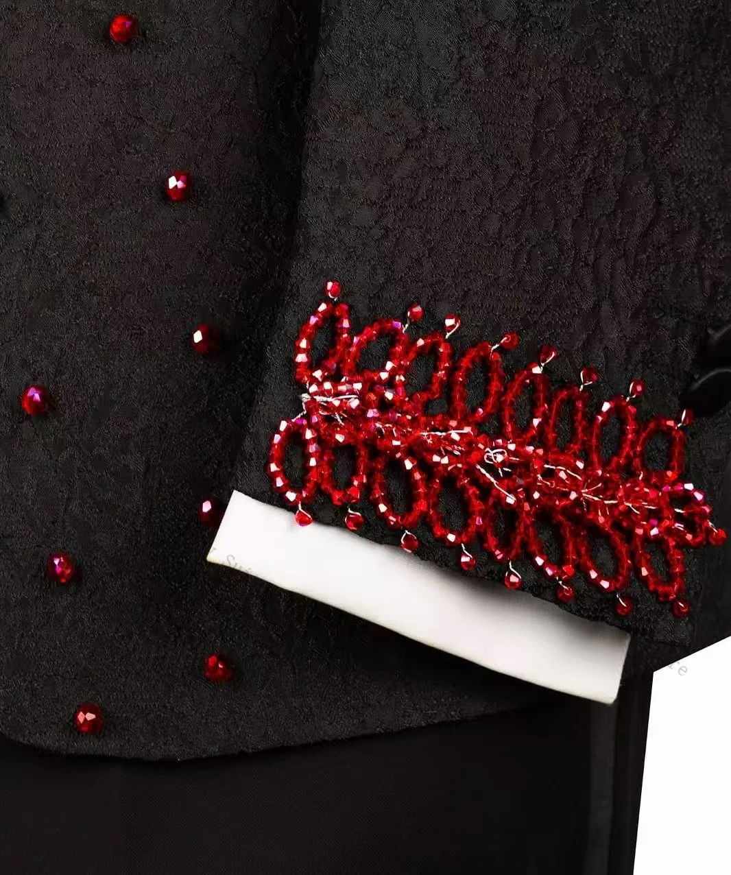 Red Crystals Men Suit Set 2 Pcs Black Blazer+Pants Trousers Formal Office Coat Autumn Groom Wedding Tuxedo Customized Jacket