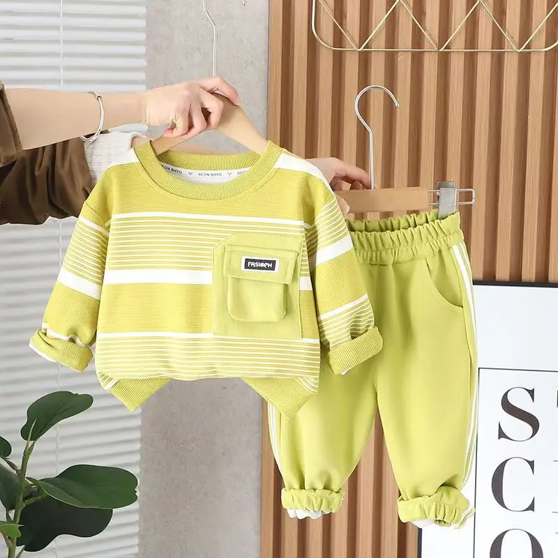 

Boys' Sweatshirt Pants Two-piece Sets Spring And Autumn 2024 New Korean Style Streetwear Casual Stripe Fashion Pullover Suits