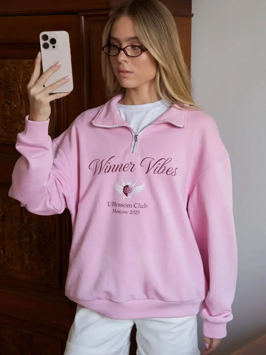 Large Size Stand Collar Zipper Lapel Shirts American Retro Sweatshirts Preppy-style Badge Printing Autumn Trendy Women White Top