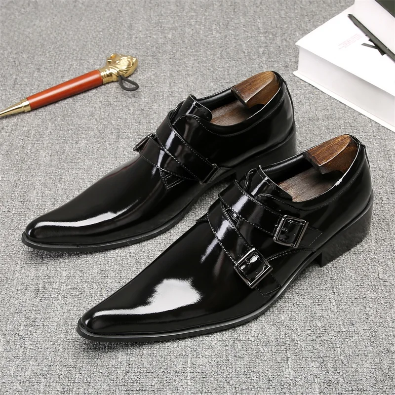 High-End Casual Leather Shoes for Men Sharp Pointed Toe Design Buckle Closure Comfortable Wear for Daily Business And Wedding
