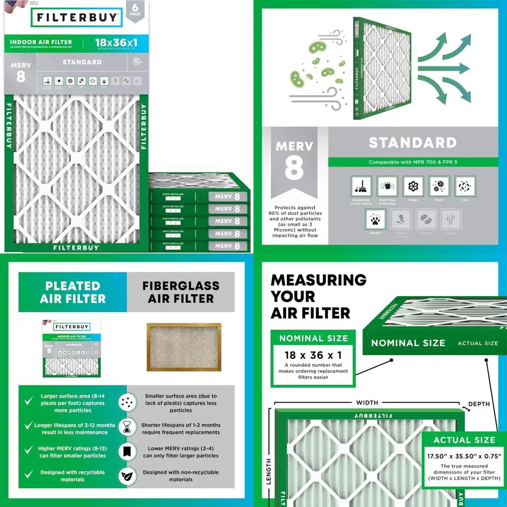 

Air Filters 18x36x1 MERV 8 (MPR 700) Dust Defense Replacement 6-Pack - Pleated HVAC AC Furnace Filters for Allergen Reduction