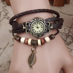 Reloj de cuarzo Vintage de cuero genuino para mujer, pulsera hecha A mano multicapa, relojes de pulsera de longitud ajustable, brazalete de pareja