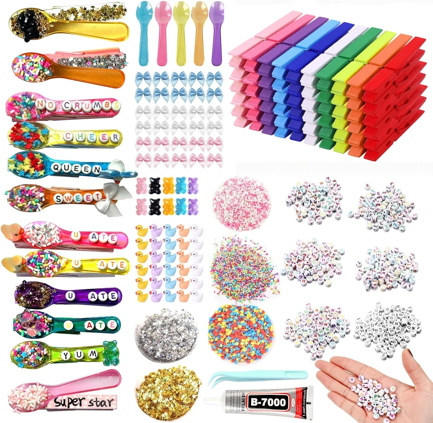 100 Set Cheer Pins Kit Include 100 Pcs Clothes Pins Wooden,100 Cheer Spoons,600 U ATE Beads & DIY Cheer Pin Charms,Cheerleader G