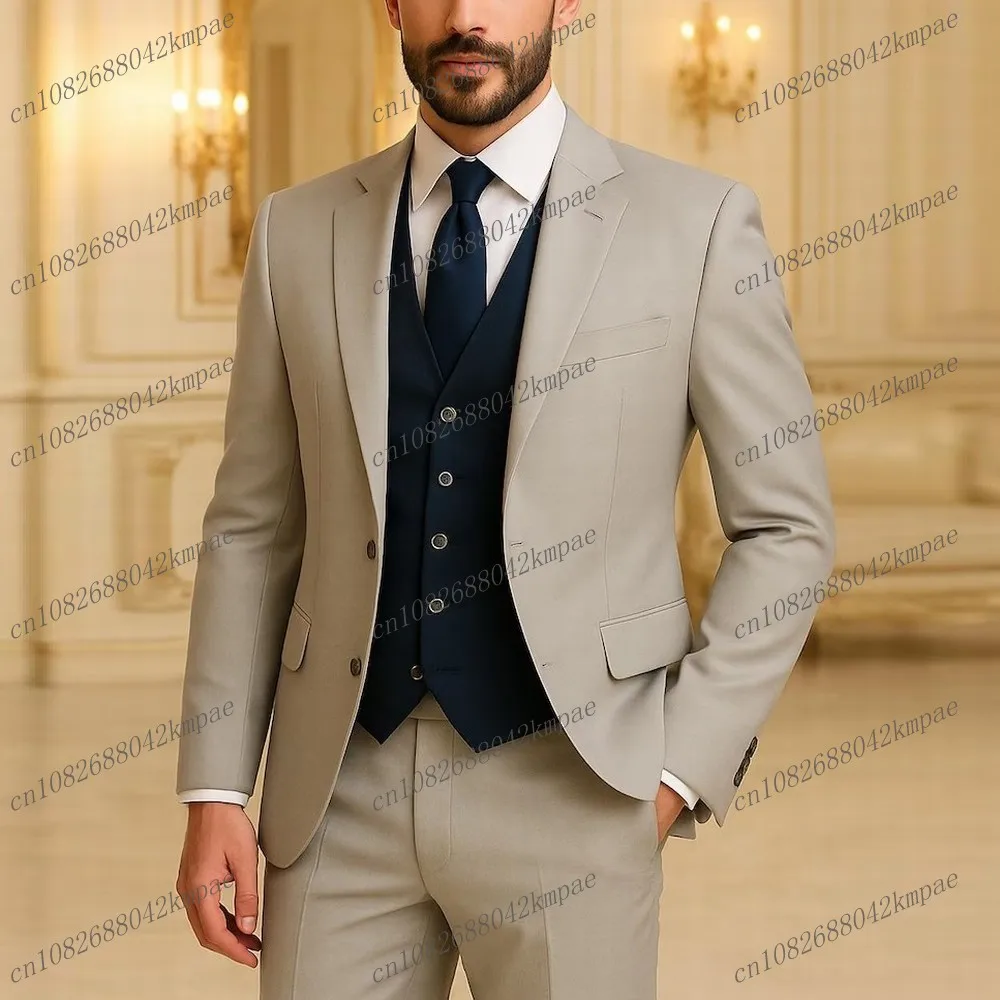 

Khaki And Navy Blue Formal Men Suit Groom Groomsman Wedding Party Prom Business Male Tuxedos 3 Piece Set Blazer Vest Pants