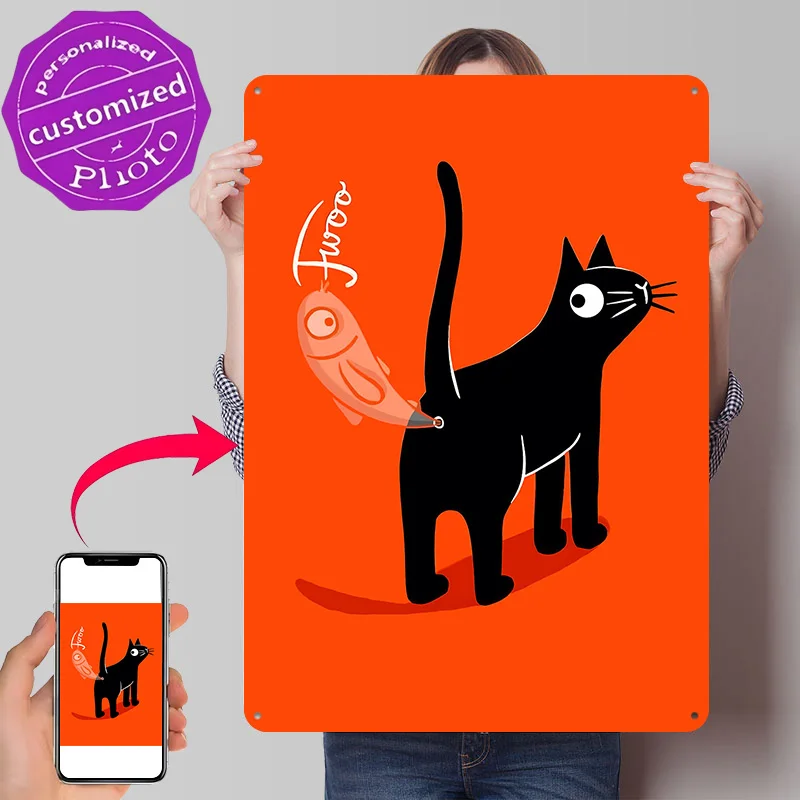 Black Cat With Fish Tail Personalized 3D Textured Metal Poster Wall Art Vintage Tin Signs for Room Decor Luxury Decoration Home