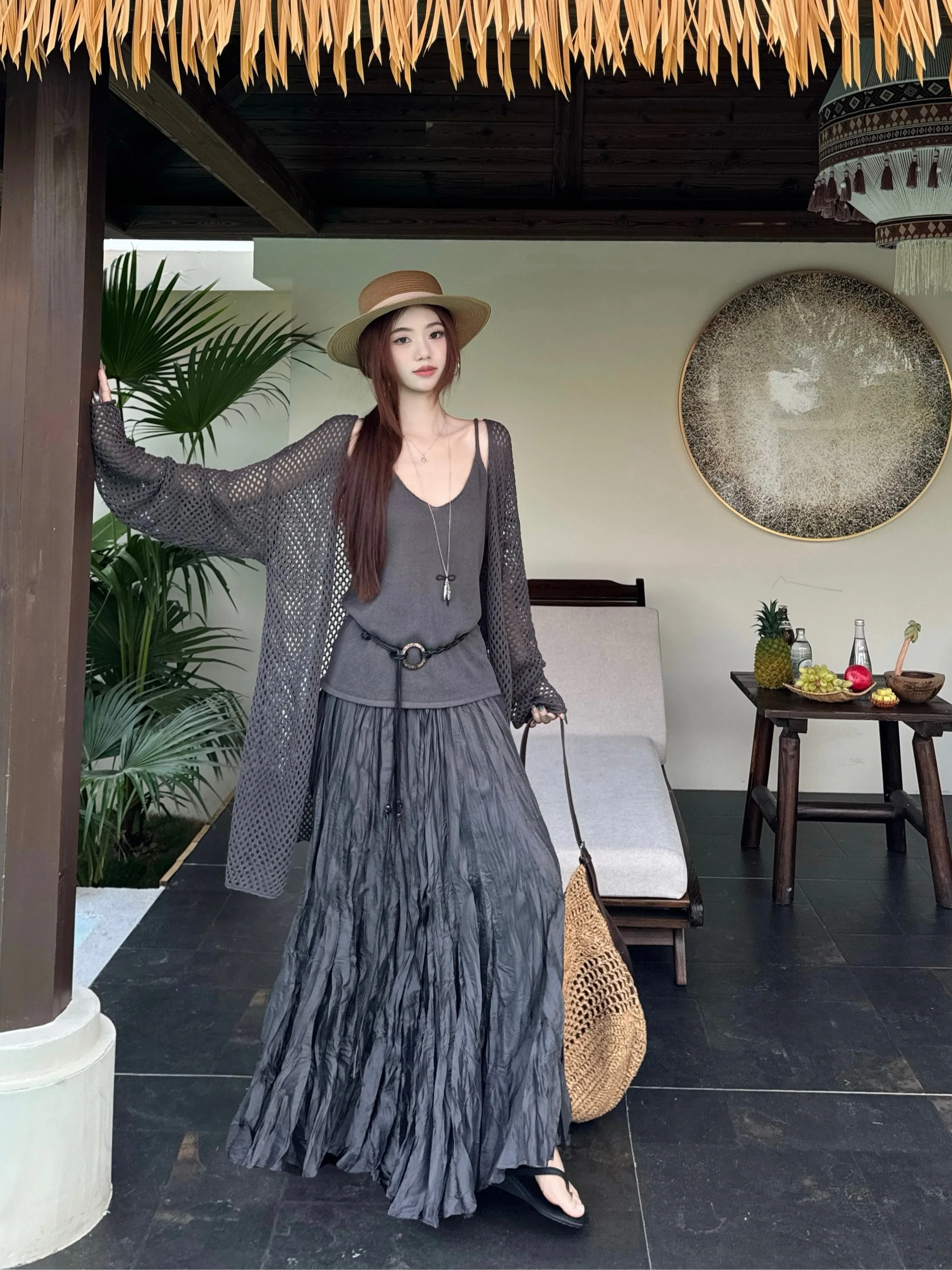 

plus Size Summer New Lazy Style Sun Protection Knitted Jacket Cardigan Two-Piece Set with Pleated Skirt Women's Fashion