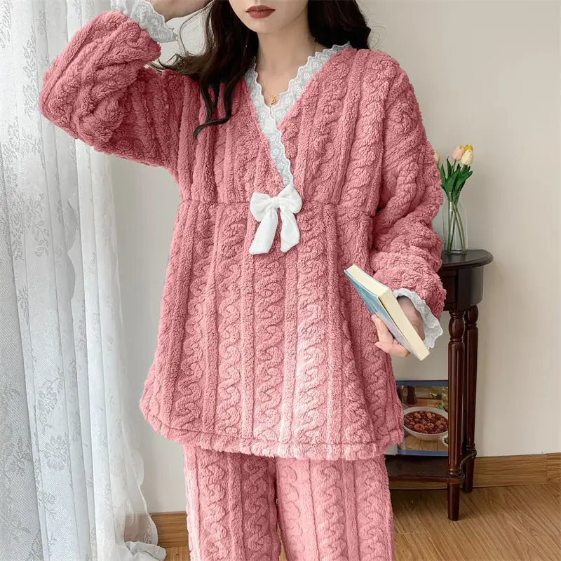 2023 Winter New Women Long Sleeve Oversized Flannel Pajamas Coral Fleece Suit Loose Thick Homewear Comfortable Outcoat