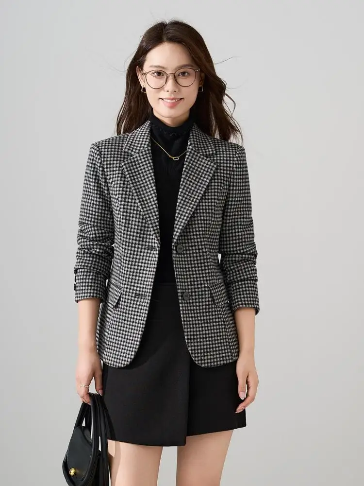 

Korean Fashion Women Black Plaid Elegant Office Lady Blazer Coat Autumn Winter Single Breasted Long Sleeve Short Jacket Vintage