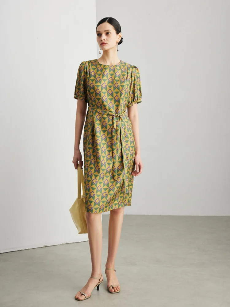 BirdTree, 100% Real Silk Printed Dress, O-neck Short Sleeve, Women's Twill Silk Sash Loose Dresses, 2026 Summer New D64352JF
