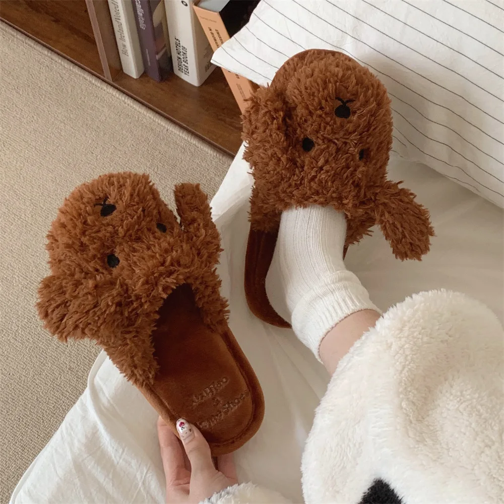 

Cute home indoor warm plush cotton shoes puppy winter bedroom soft bottom cartoon cotton slippers female