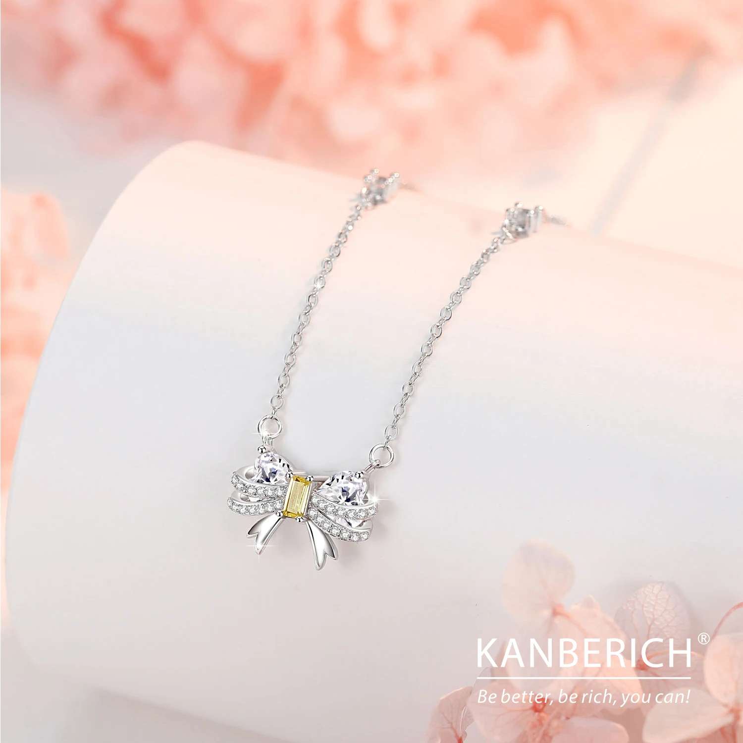 Kanberich S925 Real Sterling Silver Cubic Zirconia Girly Romantic Bow Pendant Clavicle Chain Necklace