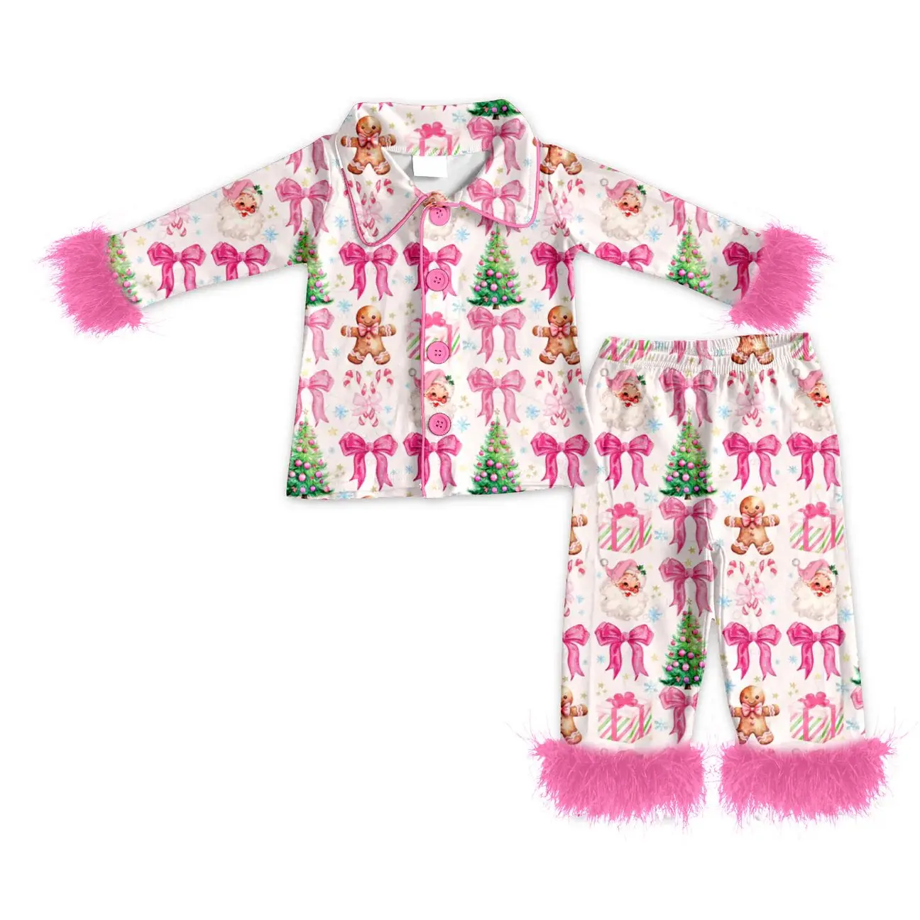 New Girls Christmas Clothing Pink Tree Bow Pyjamas Fluffy Ruffles Long  Sleeves Kids Pajamas Boutique Girls Santa Claus Sleepwear - AliExpress 1501