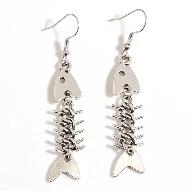 Fashion Handmade Simple Design Antique Silver Color Fish Bone Earrings Pendant Drop Earrings Party Wedding Accessories