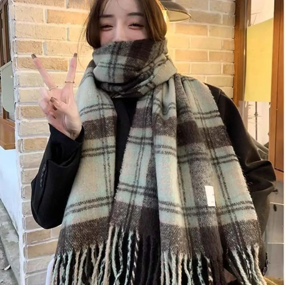 Tassel Mint Chocolate Color Plaid Scarf Colour Matching Plush Winter Cashmere Scarves Solid Color Wool Scarves Cape Wraps