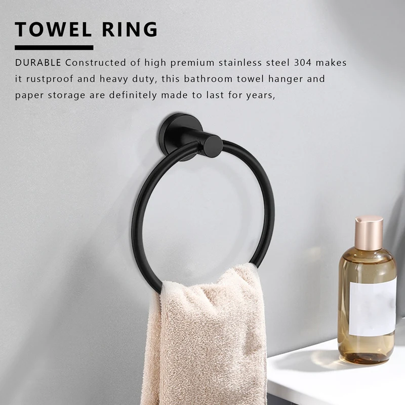 2Pcs Bathroom Hardware Black Towel Ring And Toilet Paper Holder Stainless Steel Bathroom Hand Towel Holder Towel