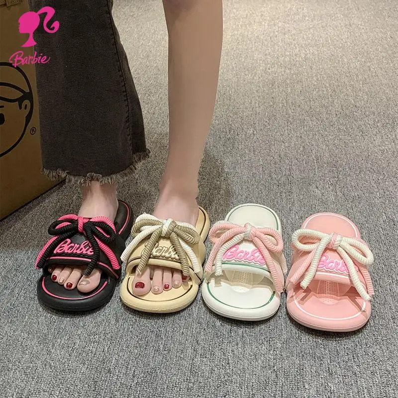 Summer Versatile Girl Indoor Beach Sandals Anime Cartoon Barbies Thick Sole Anti-Slip Slippers Lazy Style Bow Tie Women Slippers