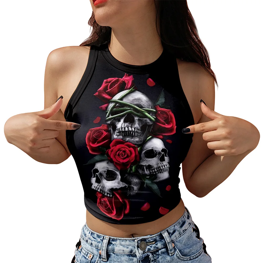 

Halloween Skeleton Cosplay Tops for Women Sexy Crop Top Sexy Slim Vest Streetwear Gothic Y2K Clothes