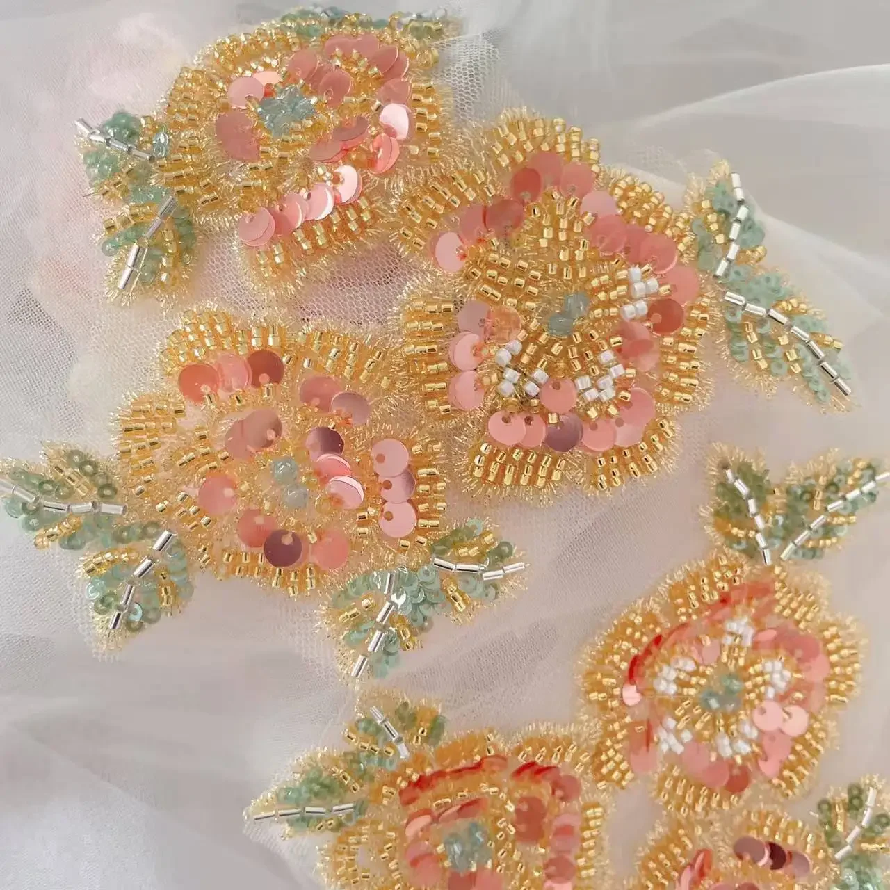 Multicolor Golden Bead Rose, Shining Sequins Applique, Embroidery Patches, Sewing Handmade. DIY Jewelry Materials RS24667