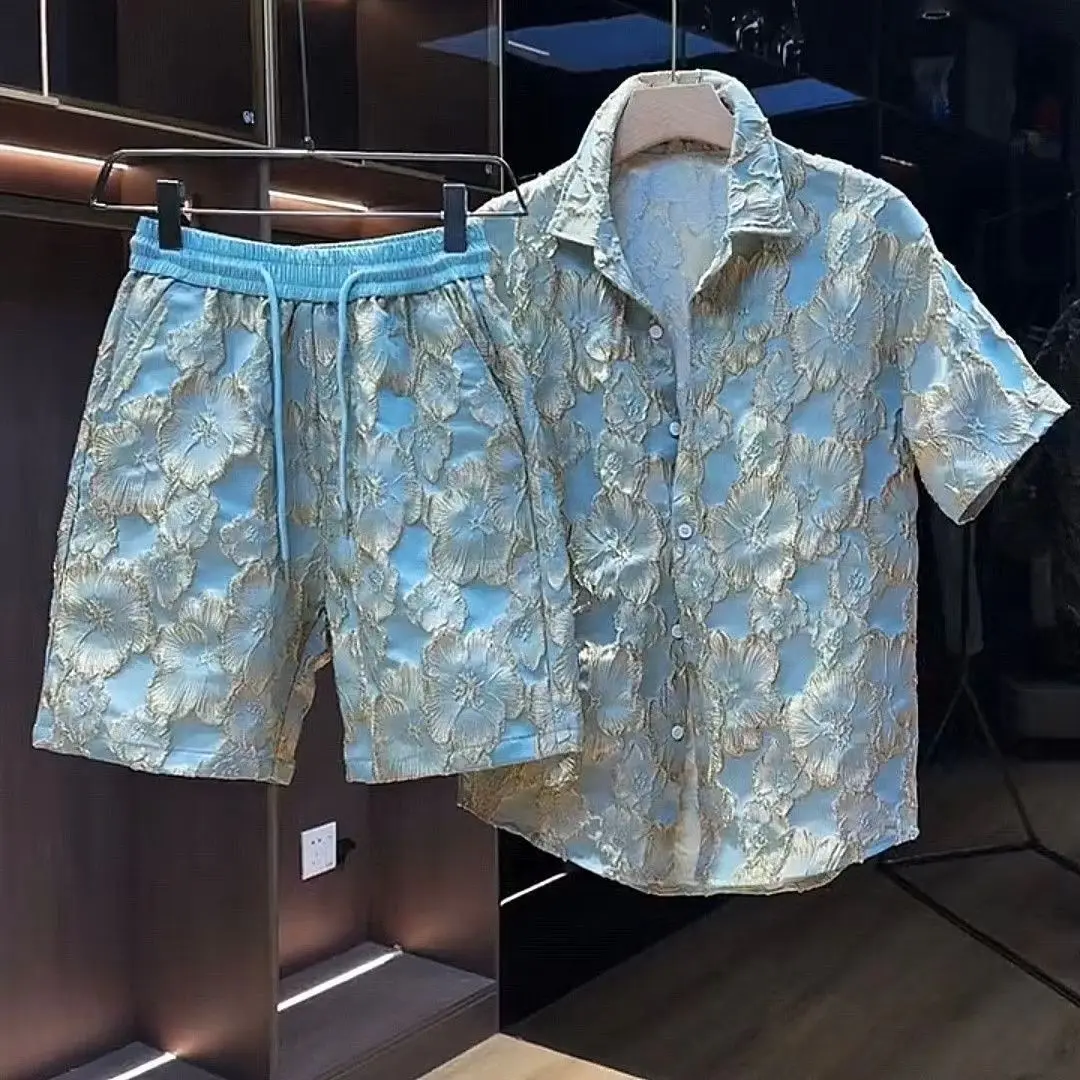 

Ethnic Style Embossed Gold-hot Flower Short-sleeved Shirt and Shorts Two-piece Set Men Summer Loose Black Gold Shirt Set
