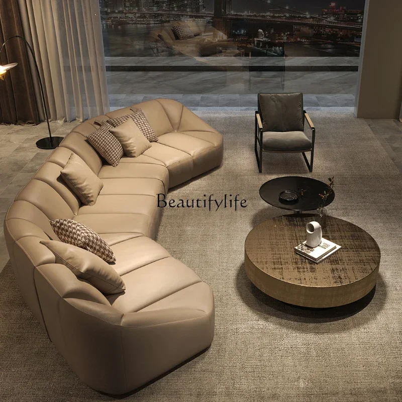 Arc-Shaped Leather Sofa First Layer Cowhide Light Luxury Large Flat Villa High-End Italian Minimalist