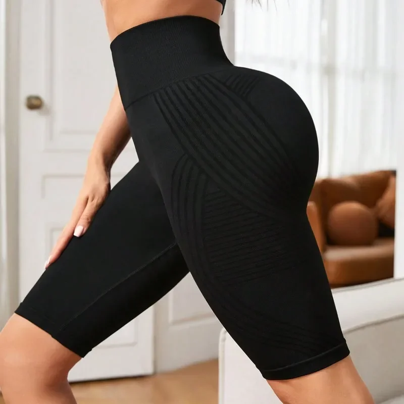 Seamless Knit Shorts for Women Striped Yoga Shorts High Waist Butt Lift  Slim Gym Trainning Fashion Elastic Five Point Pants