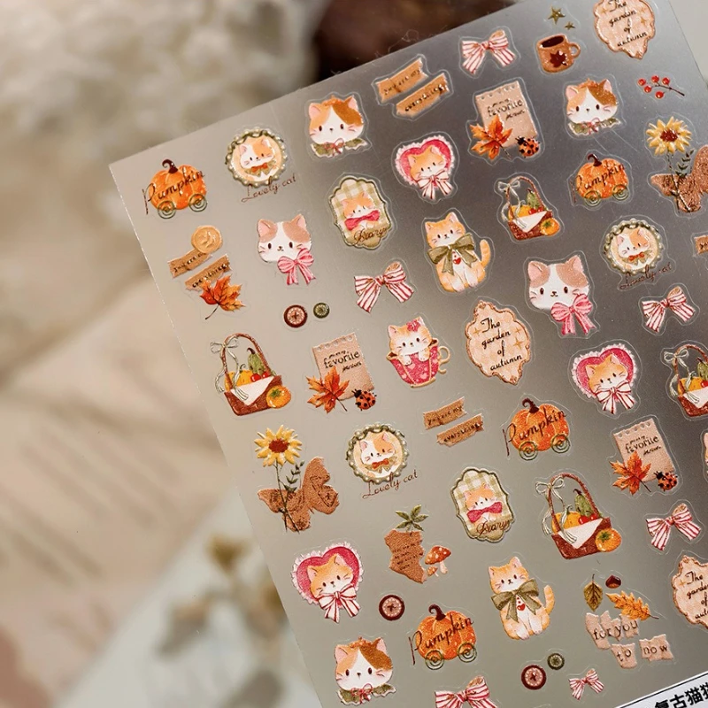Retro carino bowknot gatto caffè foglia d'acero zucca girasole 5D adesivi autoadesivi in rilievo per nail art decalcomanie per manicure autunnali