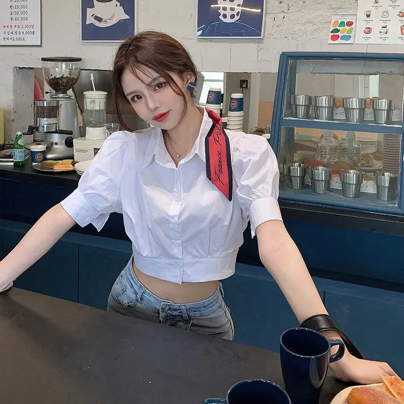 

T-shirt Women 2024 Fashion Sweet Summer Short Half White Blouse Puff Sleeve Shirts for Women All-match
