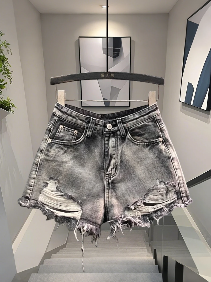 

High Waist Denim orts Women's Casual Loose Wide Leg Hot Pants ey e Hole Weather Summer Faion A-Line Frayed