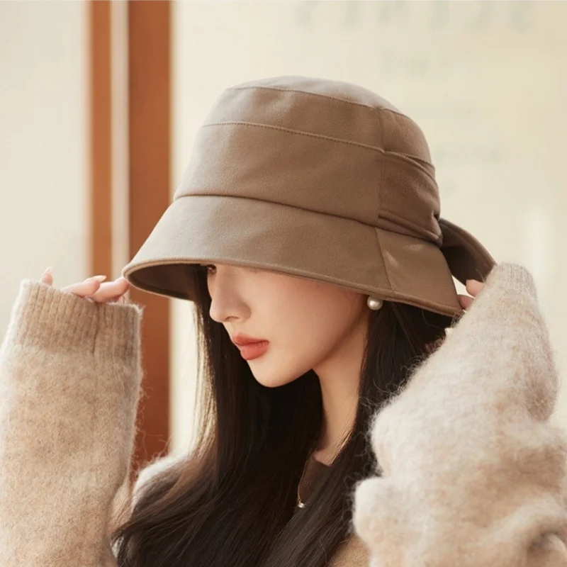 Light Luxury Temperament Bow Fisherman's Hat Autumn and Winter Wide Brim Shade Face Warm Sunscreen Basin Hat Women 56-58cm