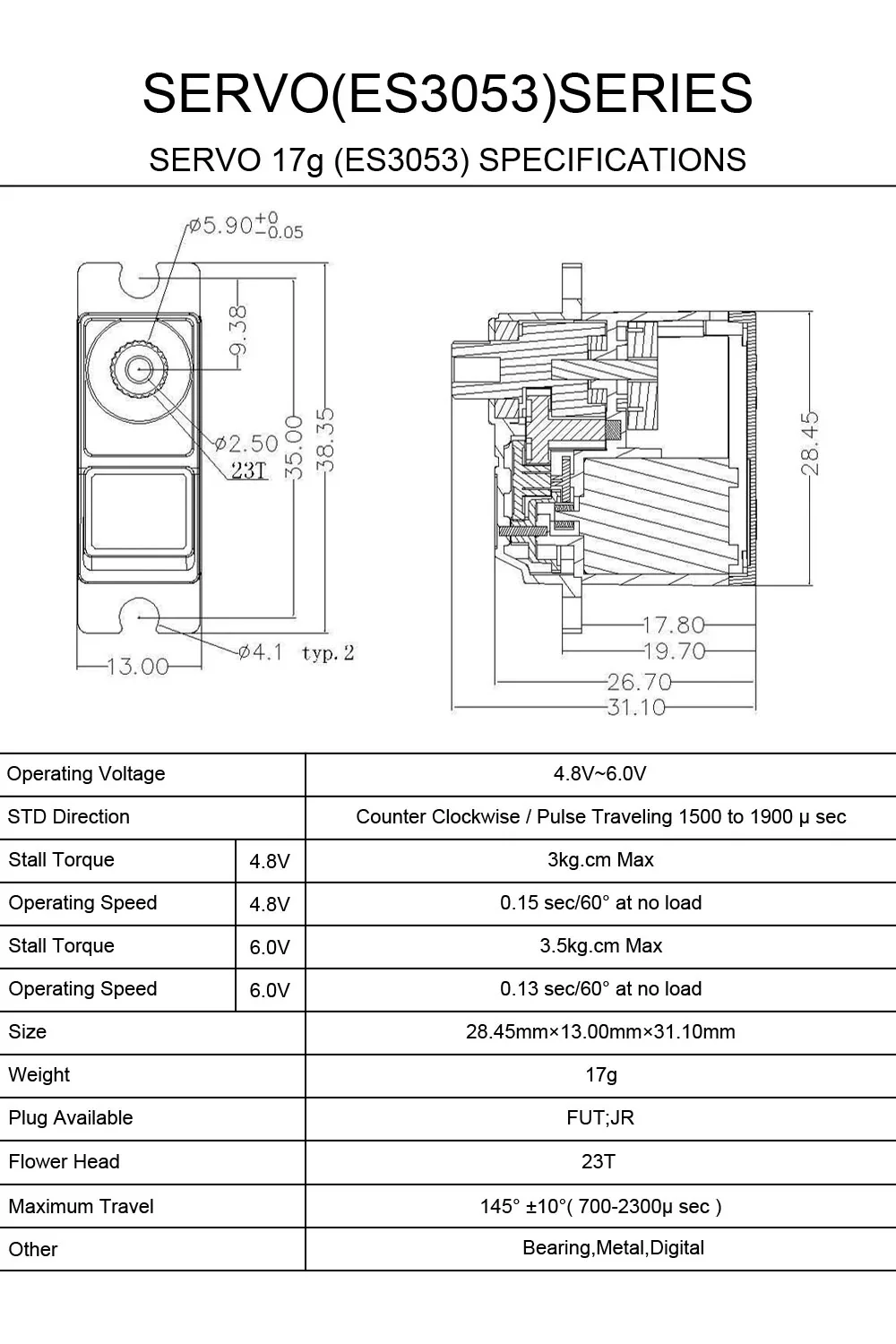 EMAX ES3053 17g 3.5kg Coppia 0.13sec 23T Mini servo digitale con ingranaggi in plastica per elicottero aereo RC ES3153 aggiornamento Micro servi