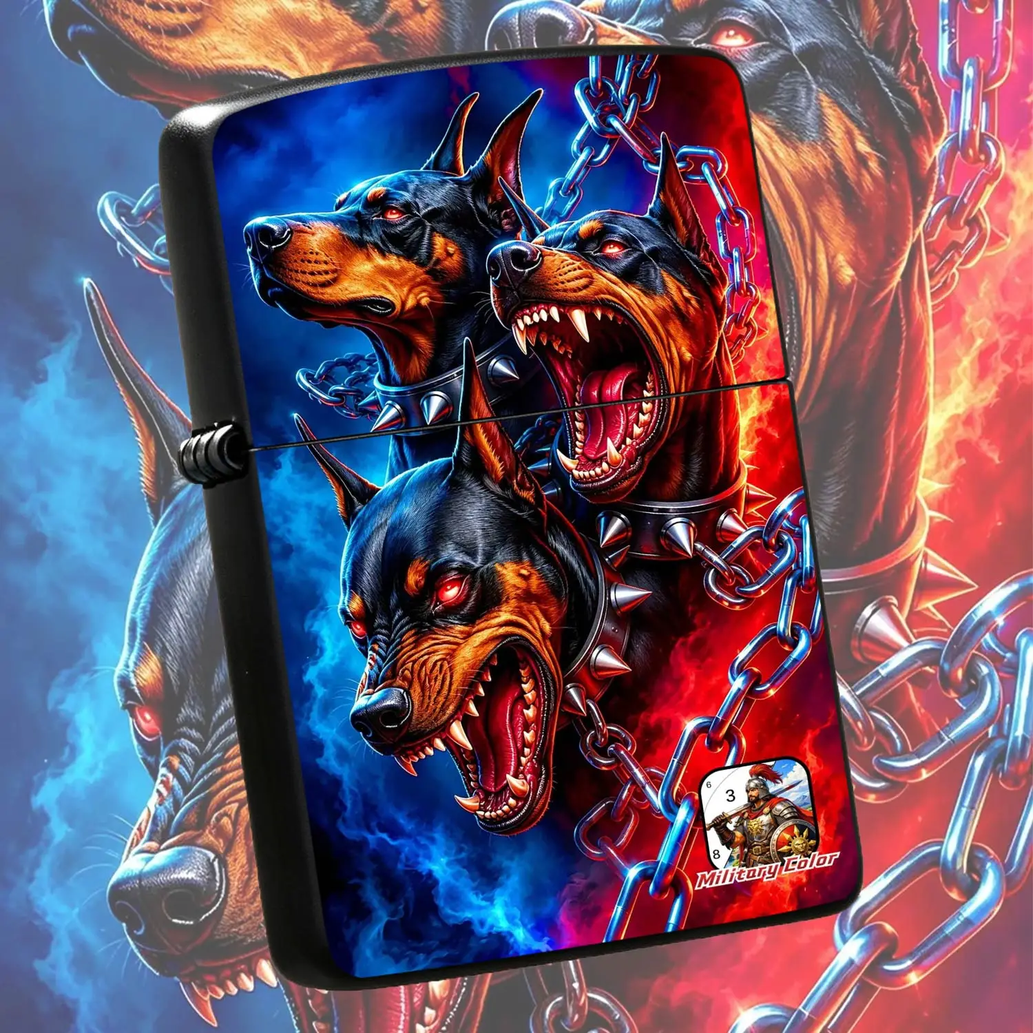 Title: Stylish 3-Headed Doberman Themed Portable Lighter Accessory, Cool Cyber Red-Blue Vibe Unique Decor Piece, Practical Exquisite Gift for Friends and Enthusiasts, Suitable for Daily, Outdoor a A Humorous And Interesting Lighter