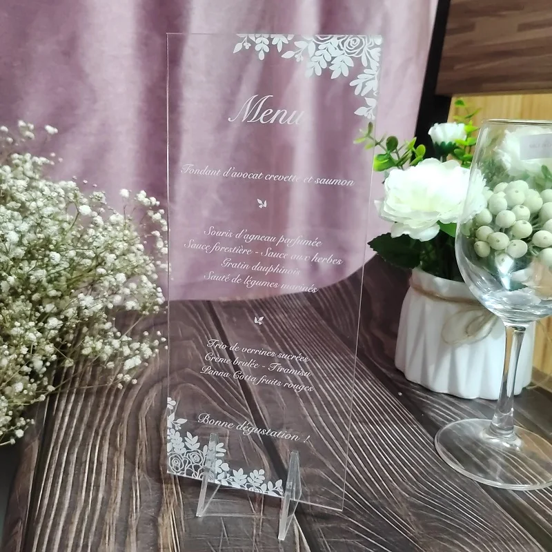 Transparent Acrylic Menu Card with Stands, Customizable Wedding Table Menu, French Plexiglass  Menu