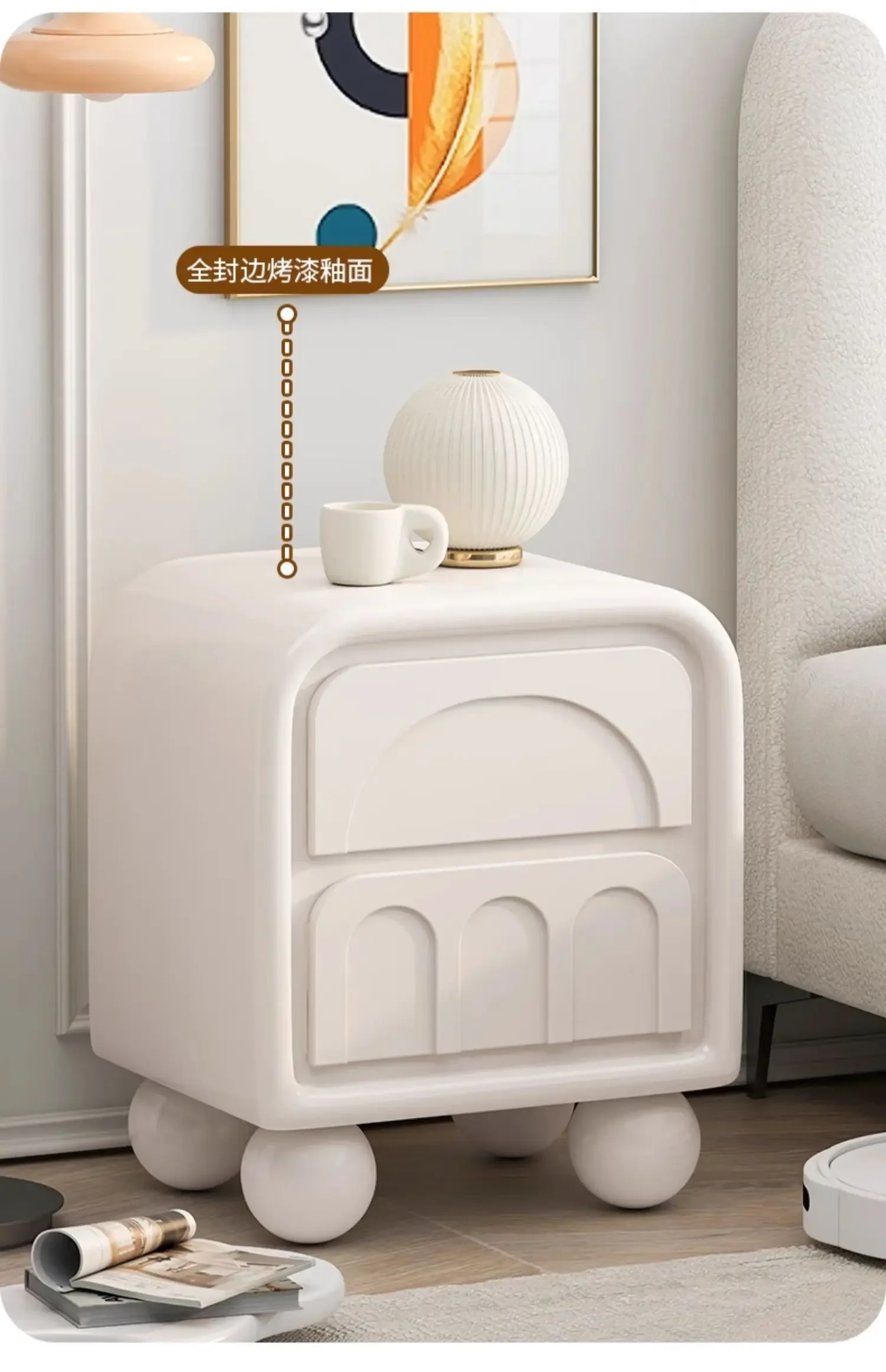 

Cream wind bedside table French light luxury bedroom modern simple Internet celebrity ins wabi sandy wind bedside storage locker