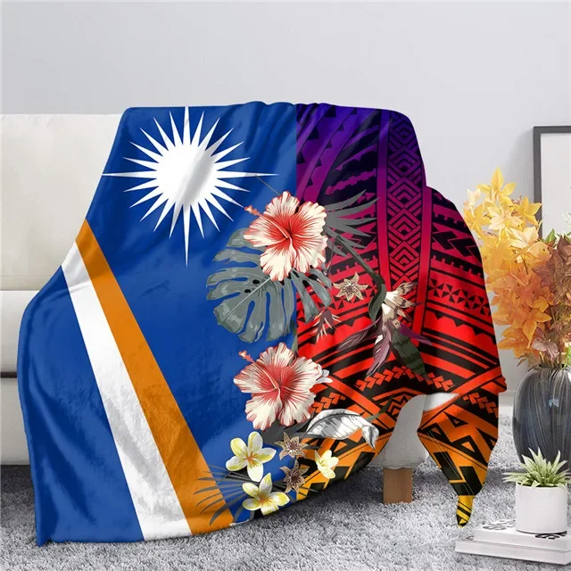 Marshall Islands and Polynesian Tribal Pattern Flannel Throw Blanket Soft Warm Hibiscus Blankets Sofa Bed Decor Kids Adults Gift